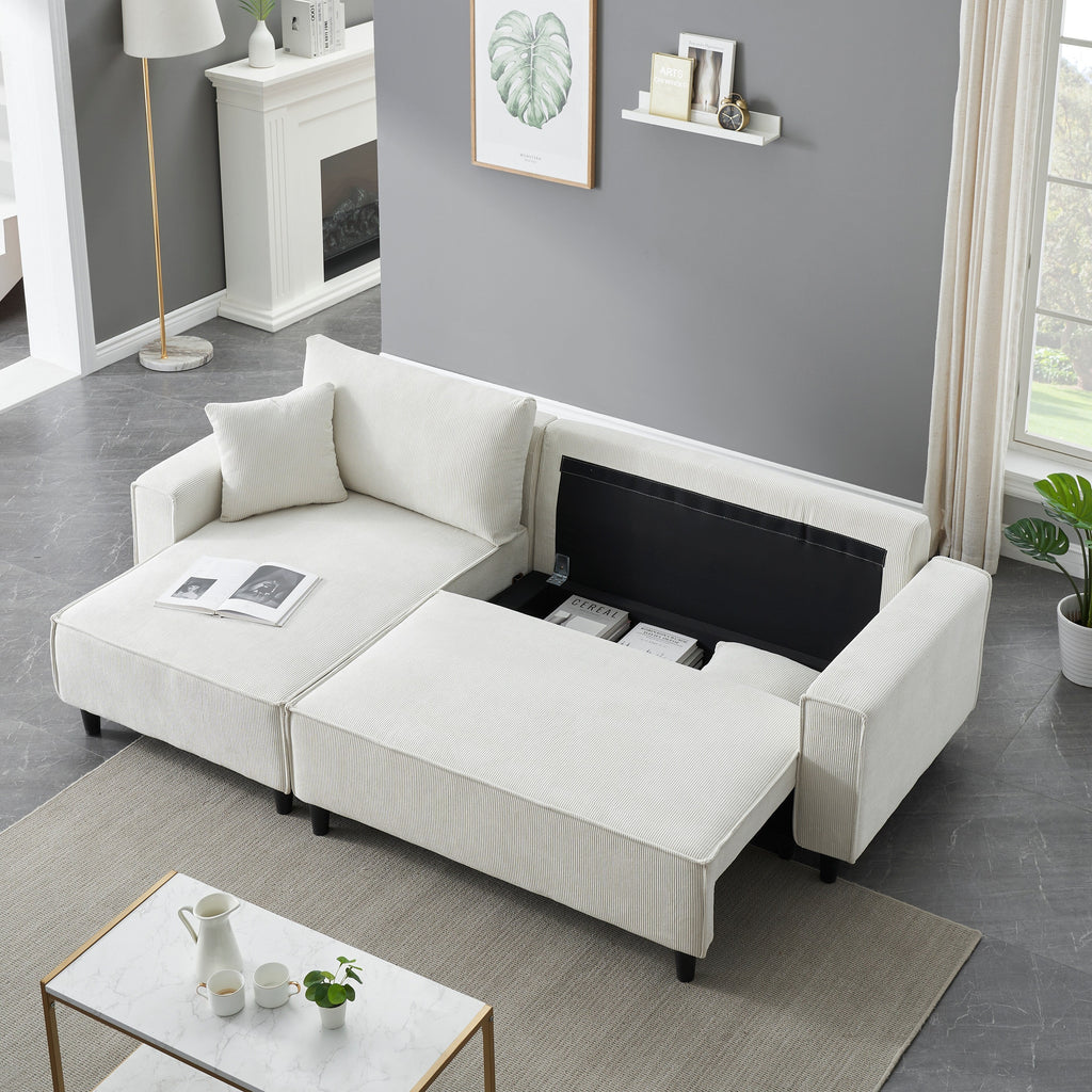 Canapé-lit 3 places en velours côtelé beige de 93 po avec 2 coussins décoratifs, méridienne convertible, rangement et configuration réglable