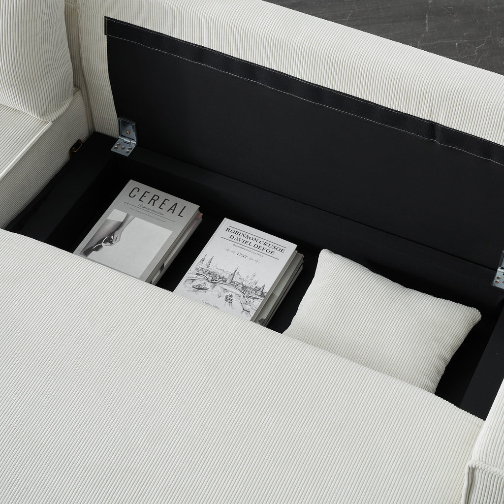 Canapé-lit 3 places en velours côtelé beige de 93 po avec 2 coussins décoratifs, méridienne convertible, rangement et configuration réglable