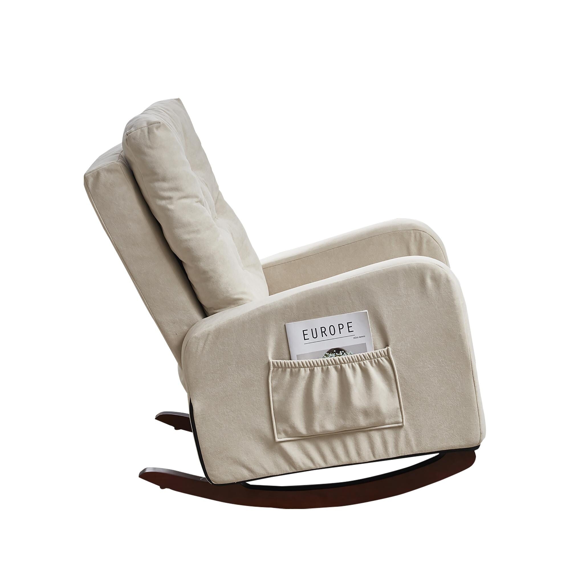 Fauteuil inclinable beige réglable pour balcon ou tatami, dossier haut, pieds en bois massif et poches de rangement latérales.