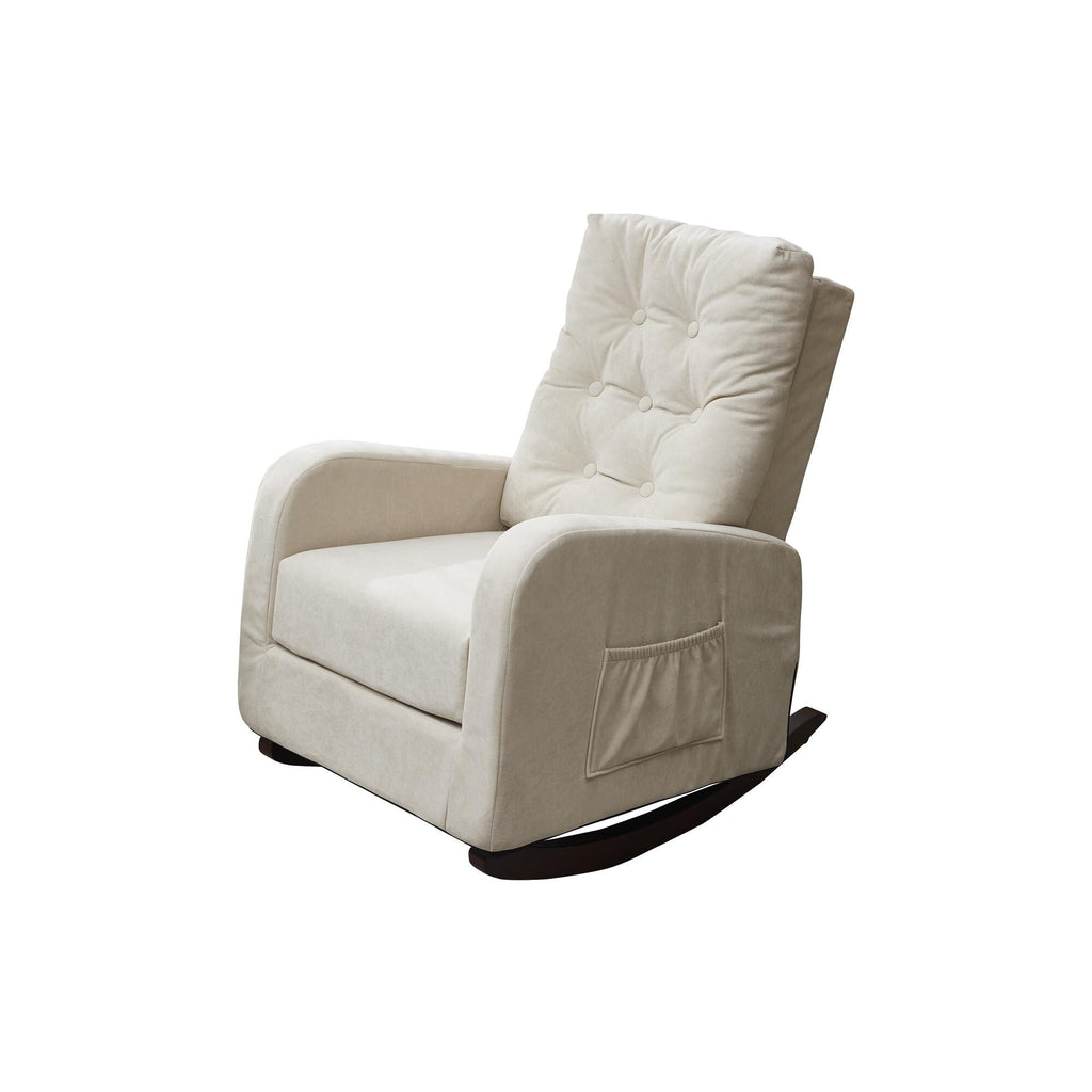Fauteuil inclinable réglable beige avec pieds en bois massif et dossier haut