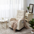 Fauteuil inclinable réglable beige avec pieds en bois massif et dossier haut