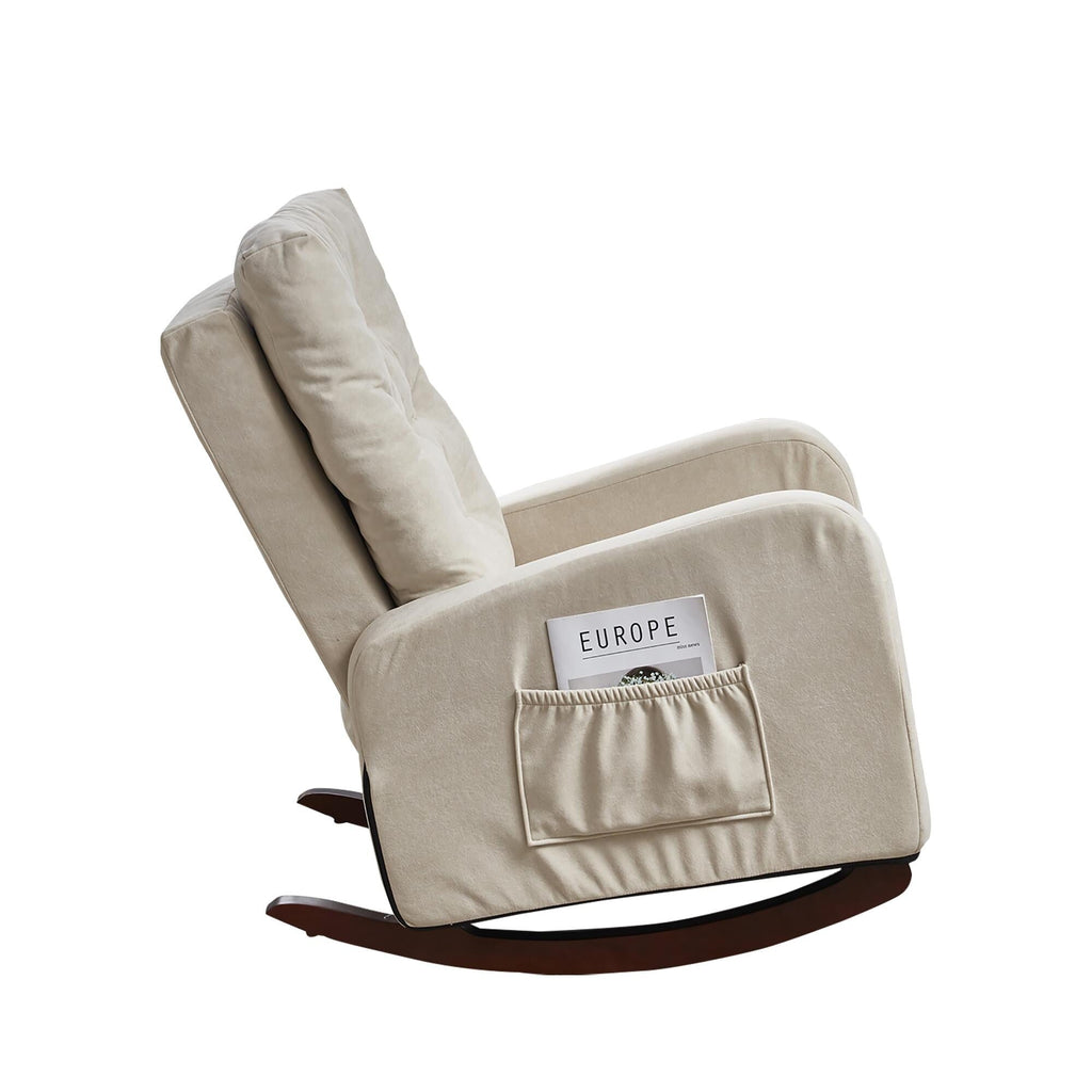 Fauteuil inclinable beige réglable avec pieds en bois massif, dossier haut et poches latérales de relaxation
