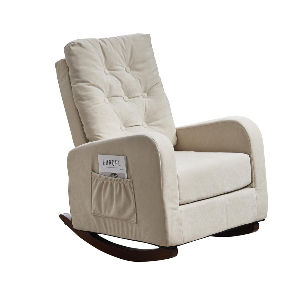 Fauteuil inclinable beige réglable avec pieds en bois massif, dossier haut et poches latérales pour la détente