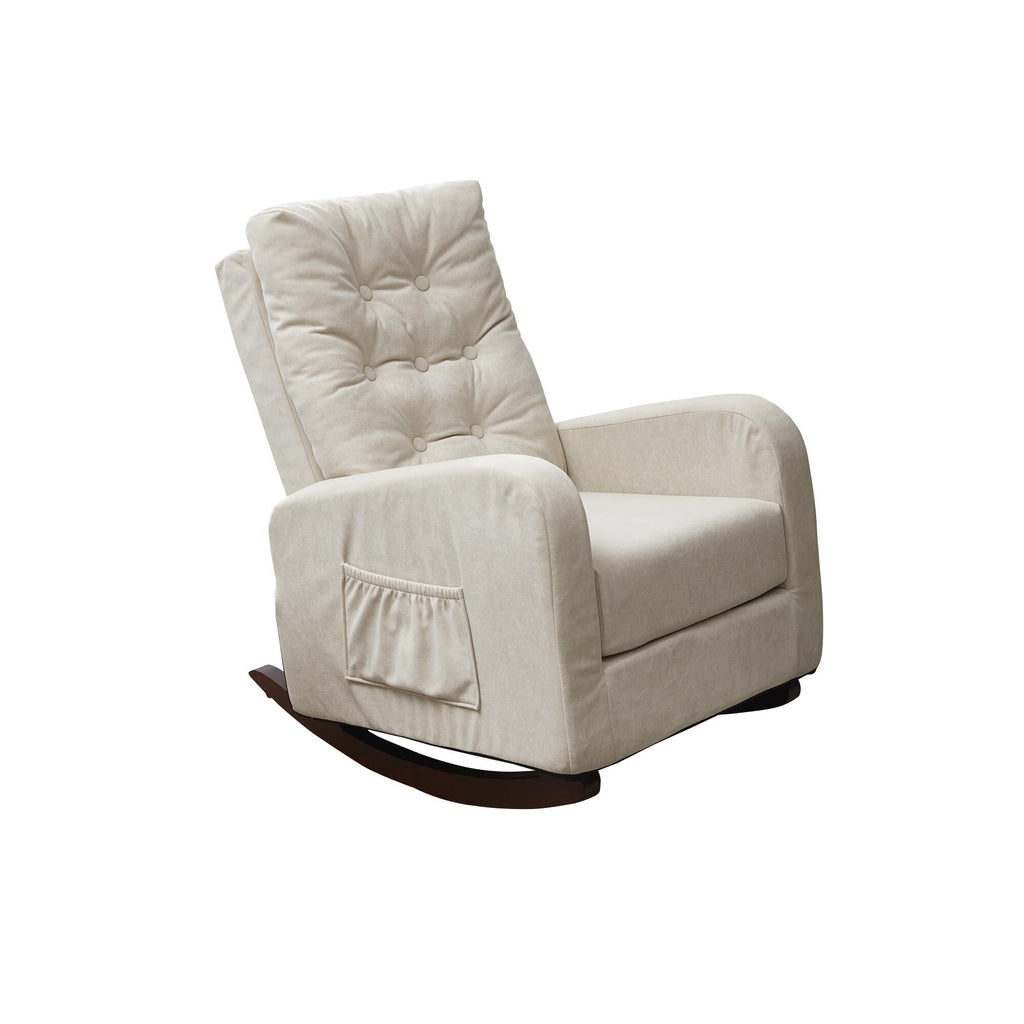 Fauteuil inclinable beige réglable avec pieds en bois massif, dossier haut et poches de rangement latérales