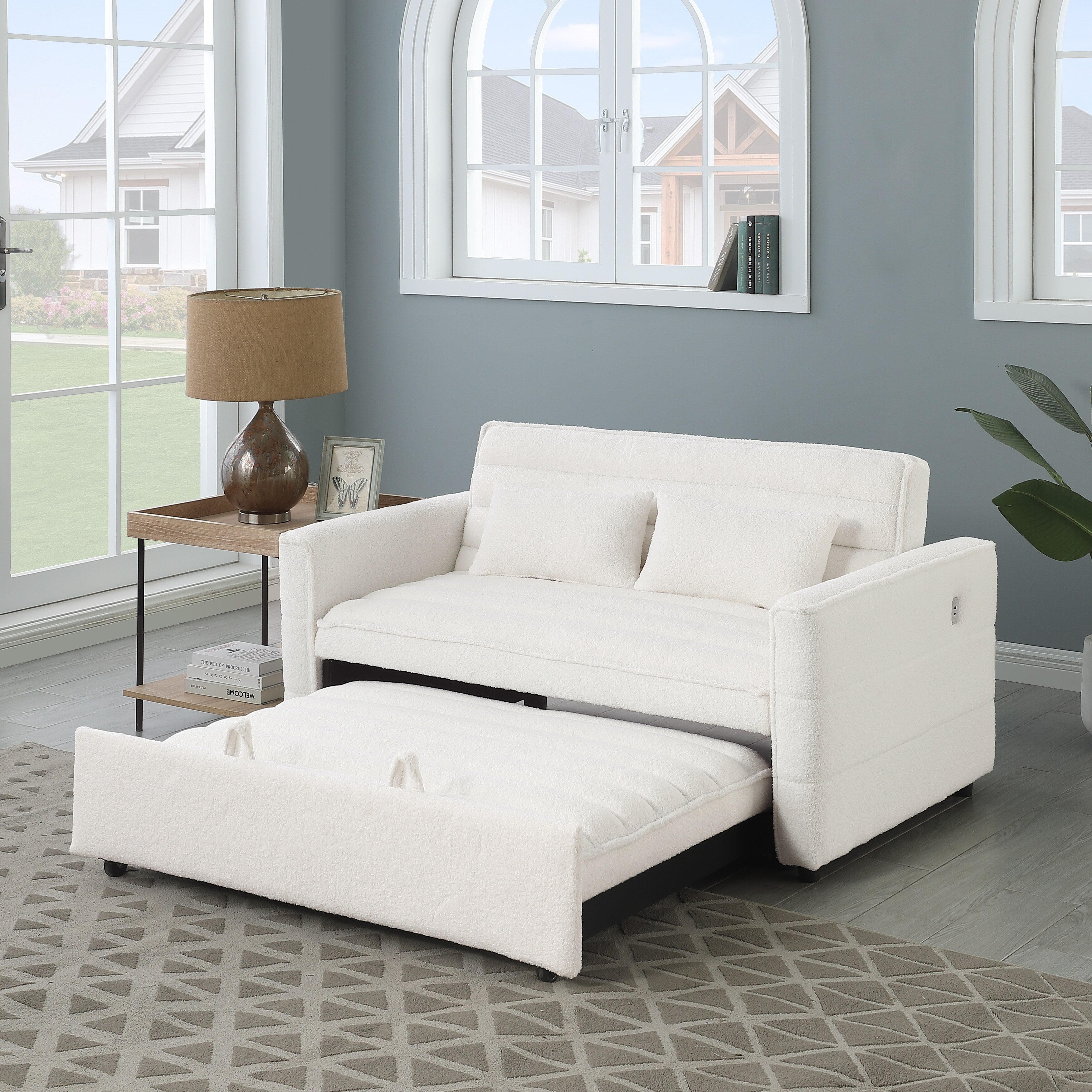 Canapé-lit convertible en tissu bouclé beige