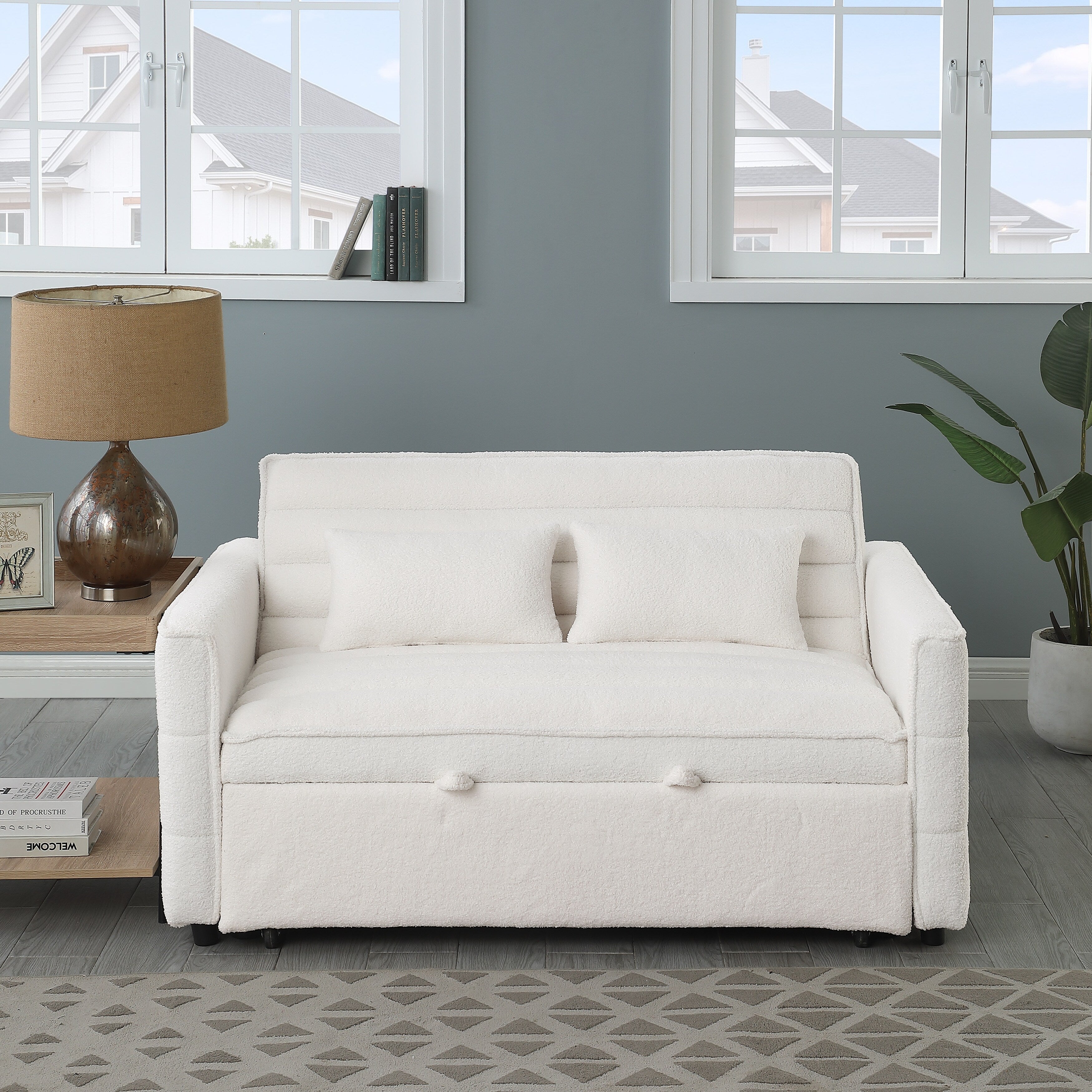 Canapé-lit convertible en tissu bouclé beige