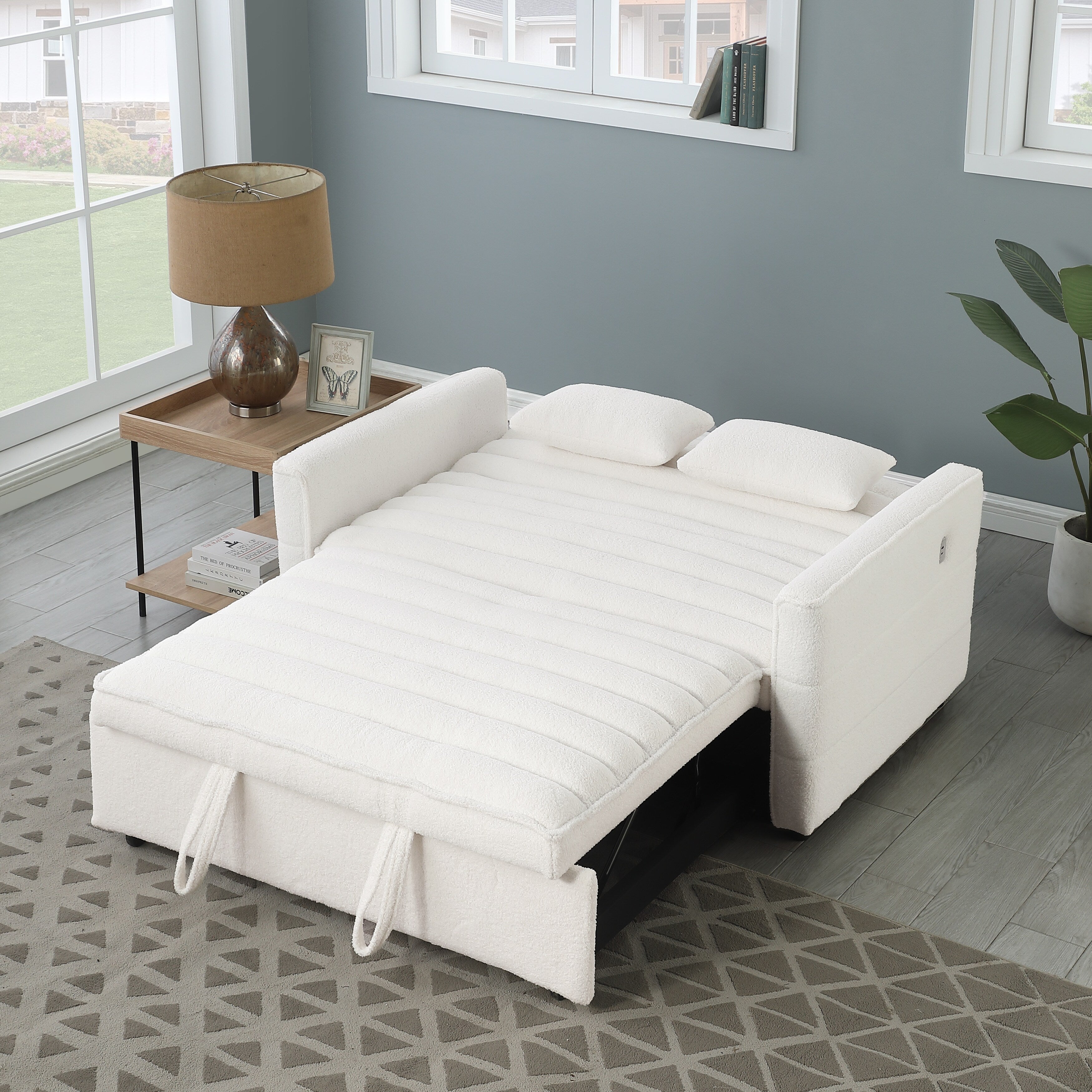 Canapé-lit convertible en tissu bouclé beige