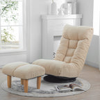 Fauteuil inclinable manuel pivotant à 360°, rembourré en tissu boucle beige, sans accoudoirs, avec pouf, appui-tête et dossier réglables