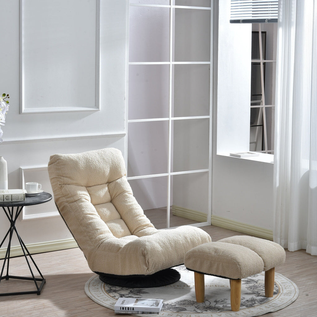 Fauteuil inclinable manuel pivotant à 360°, rembourré en tissu boucle beige, sans accoudoirs, avec pouf, appui-tête et dossier réglables