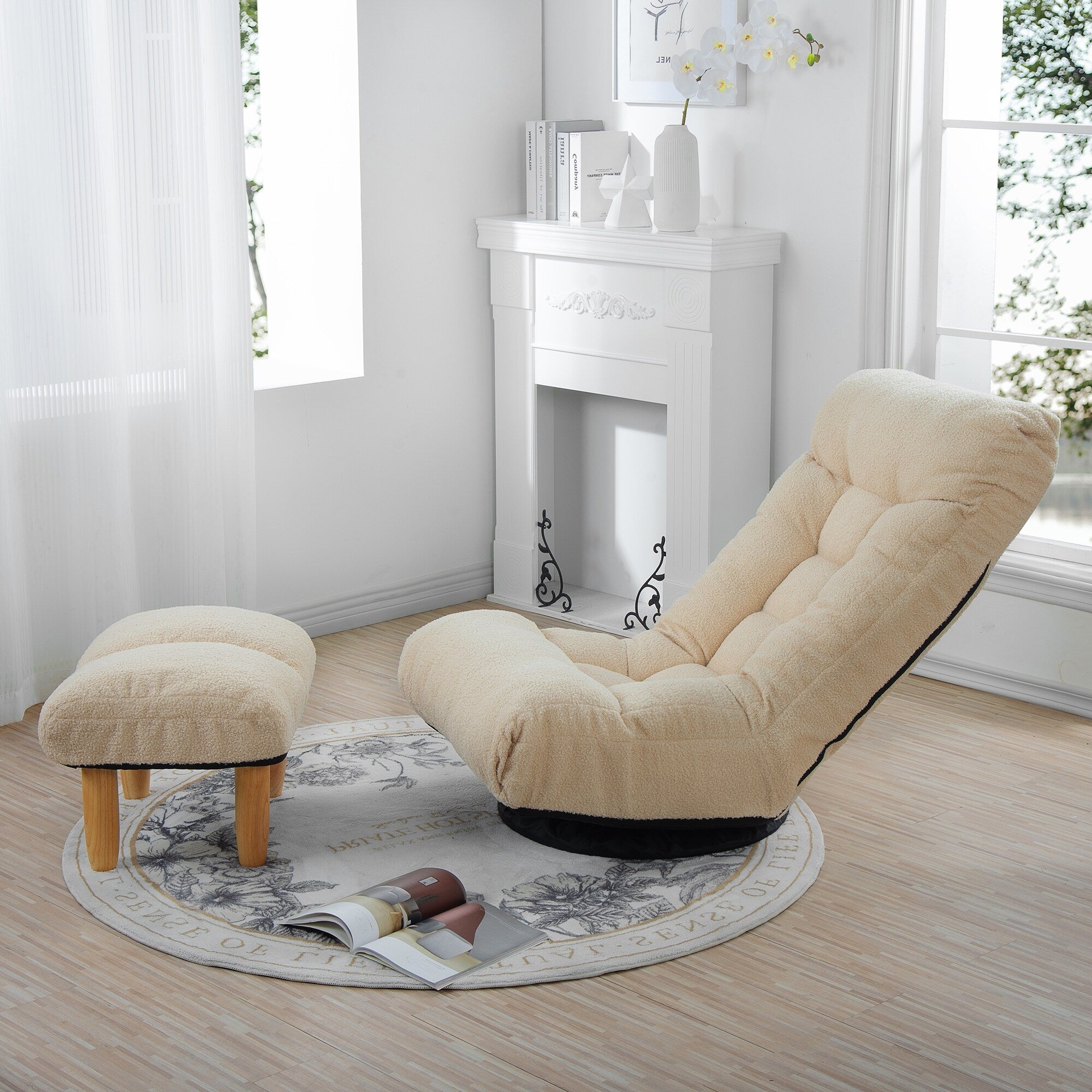 Fauteuil inclinable manuel pivotant à 360°, rembourré en tissu boucle beige, sans accoudoirs, avec pouf, appui-tête et dossier réglables