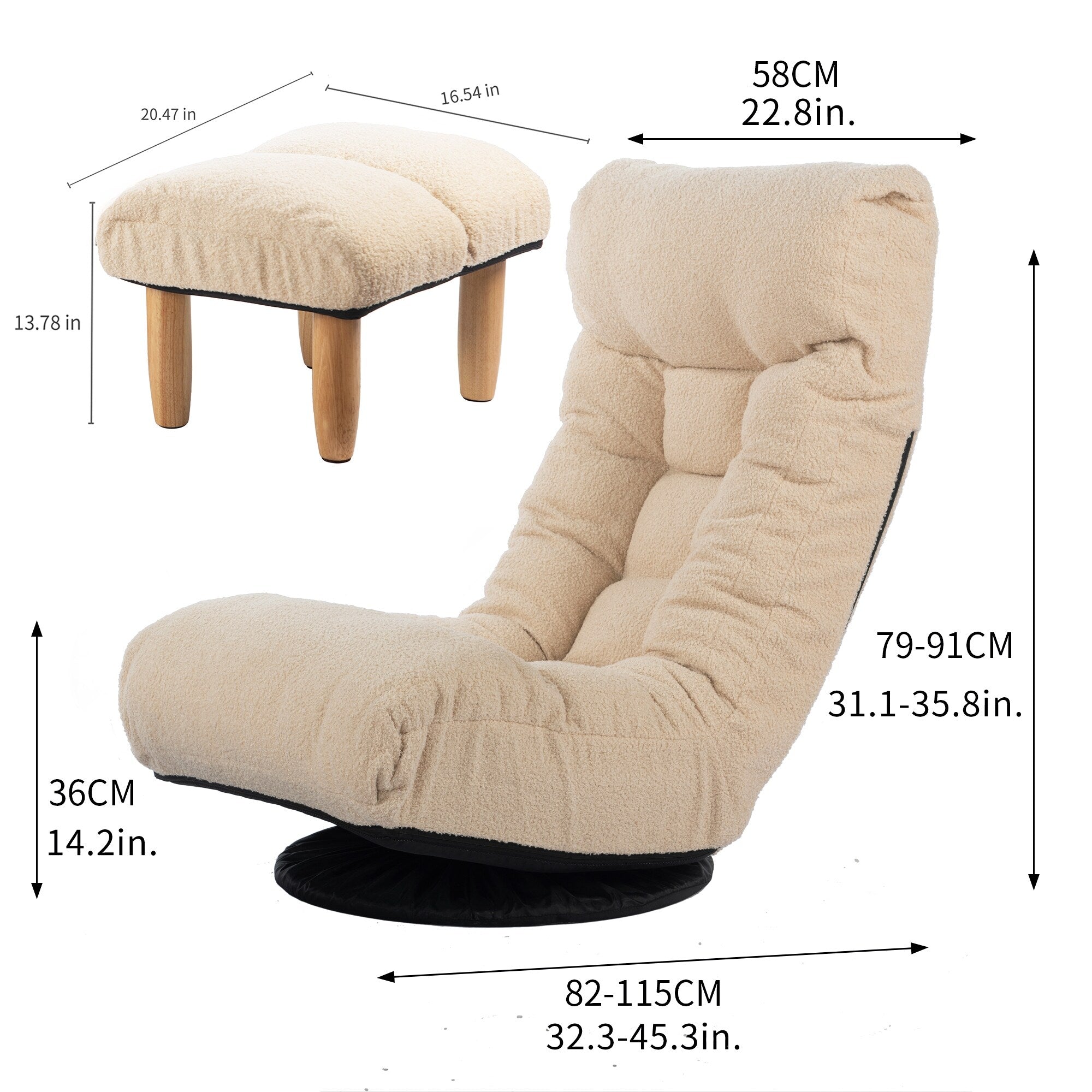 Fauteuil inclinable manuel pivotant à 360°, rembourré en tissu boucle beige, sans accoudoirs, avec pouf, appui-tête et dossier réglables