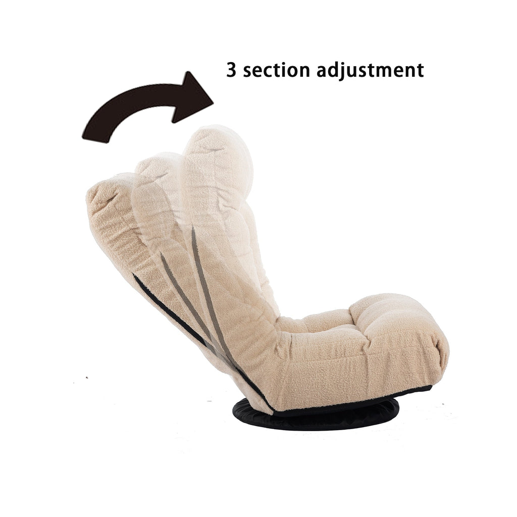 Fauteuil inclinable manuel pivotant à 360°, rembourré en tissu boucle beige, sans accoudoirs, avec pouf, appui-tête et dossier réglables