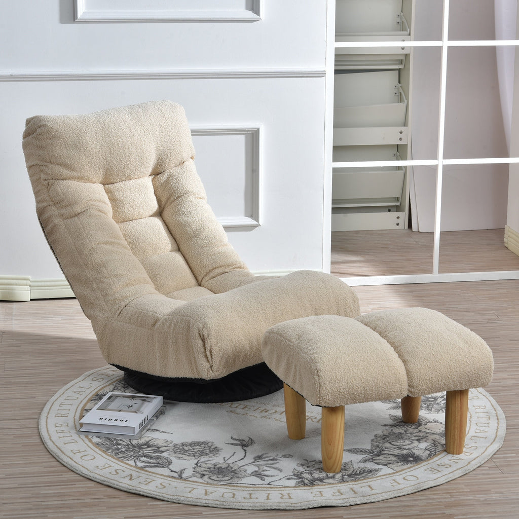 Fauteuil inclinable manuel pivotant à 360°, rembourré en tissu boucle beige, sans accoudoirs, avec pouf, appui-tête et dossier réglables