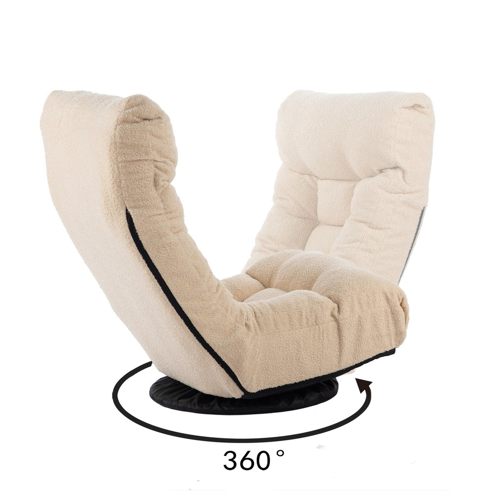 Fauteuil inclinable manuel pivotant à 360°, rembourré en tissu boucle beige, sans accoudoirs, avec pouf, appui-tête et dossier réglables