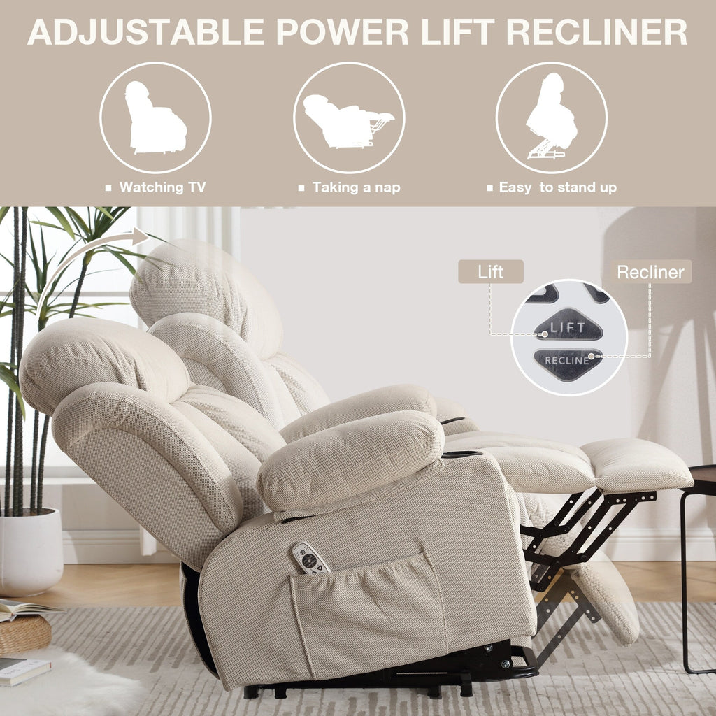 Fauteuil inclinable massant électrique surdimensionné en tissu respirant beige avec massage, chauffage lombaire, 2 porte-gobelets et port USB