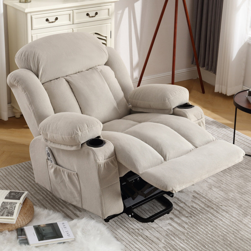 Fauteuil inclinable massant électrique surdimensionné en tissu respirant beige avec massage, chauffage lombaire, 2 porte-gobelets et port USB