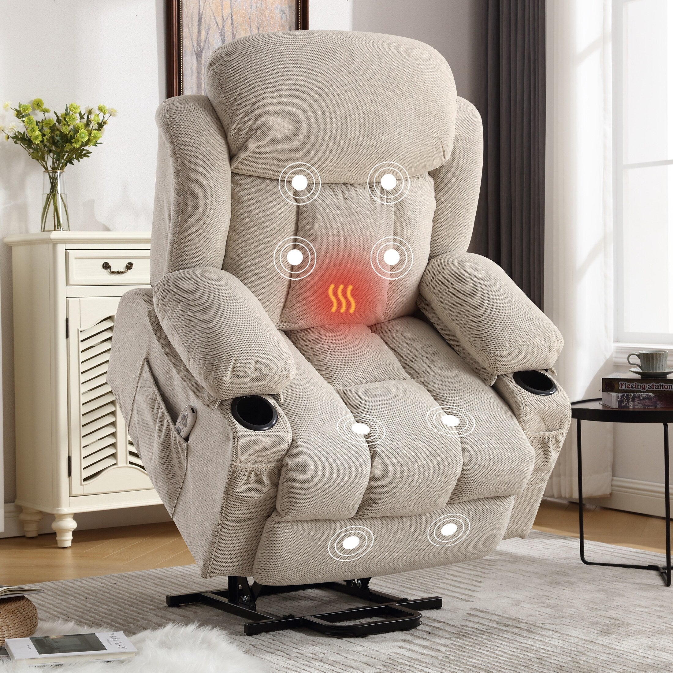 Fauteuil inclinable massant électrique surdimensionné en tissu respirant beige avec massage, chauffage lombaire, 2 porte-gobelets et port USB