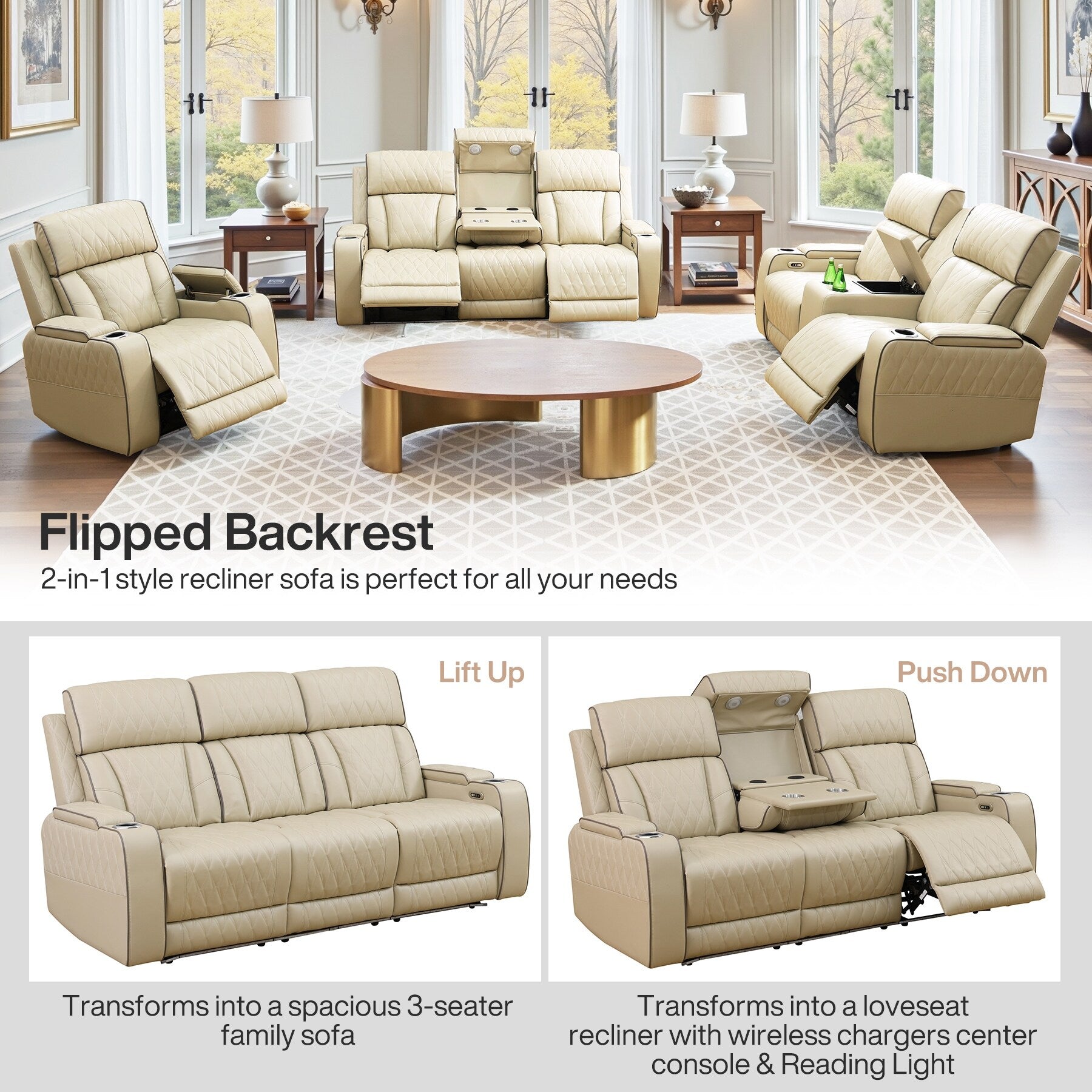 Ensemble de canapés inclinables de salon 3 pièces en cuir respirant beige