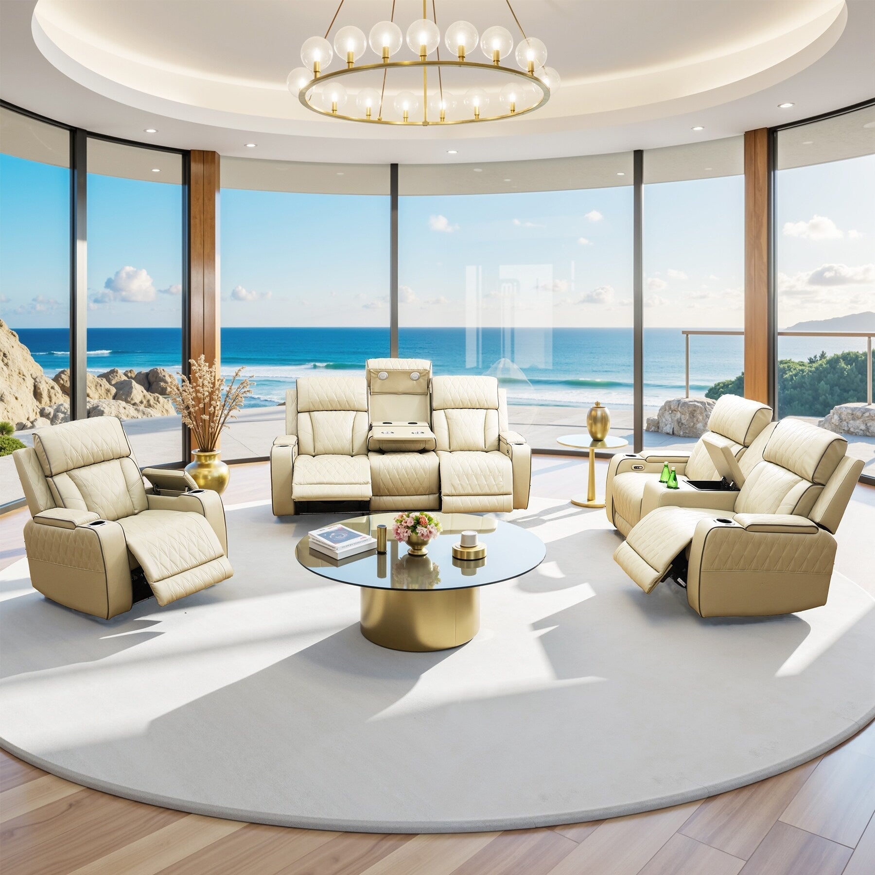 Ensemble de canapés inclinables de salon 3 pièces en cuir respirant beige