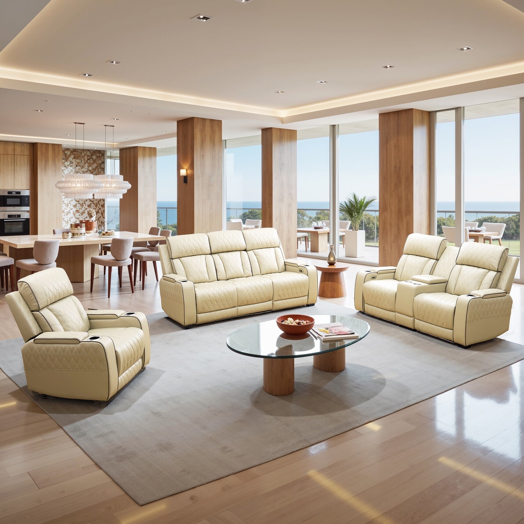 Ensemble de canapés inclinables de salon 3 pièces en cuir respirant beige