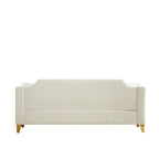 Canapé 3 places capitonné en chenille beige avec décoration cloutée en cuivre