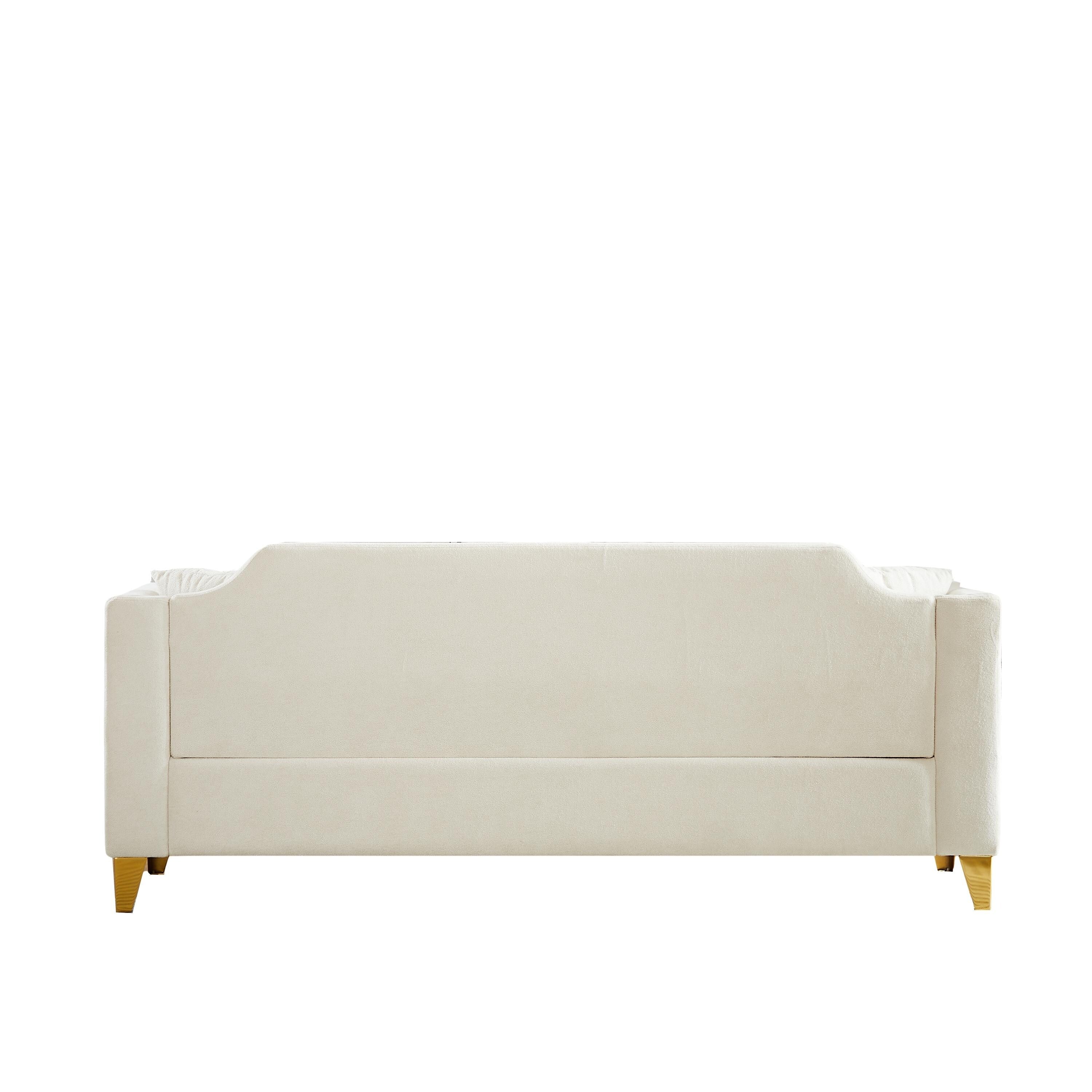 Canapé 3 places capitonné en chenille beige avec décoration cloutée en cuivre