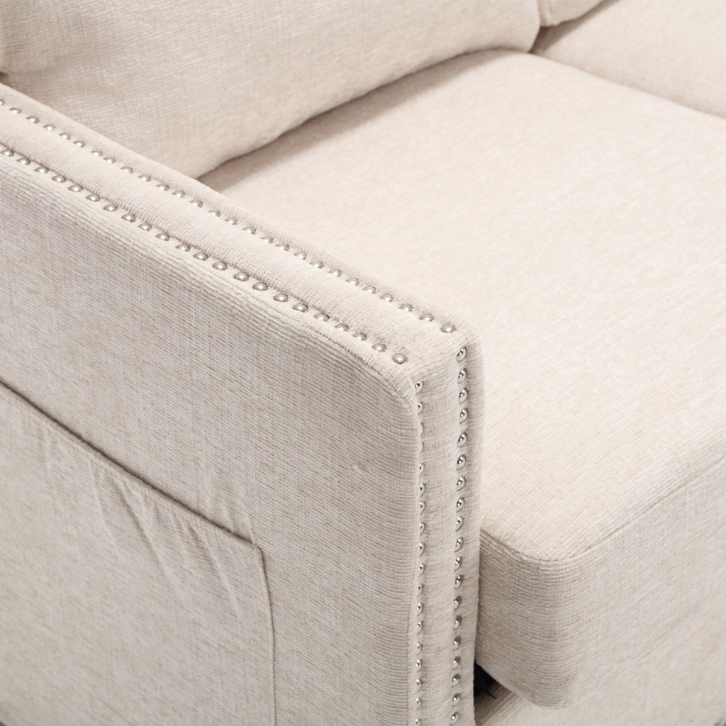 Canapé causeuse en chenille beige avec poche et clous décoratifs