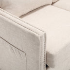 Canapé causeuse en chenille beige avec poche et clous décoratifs