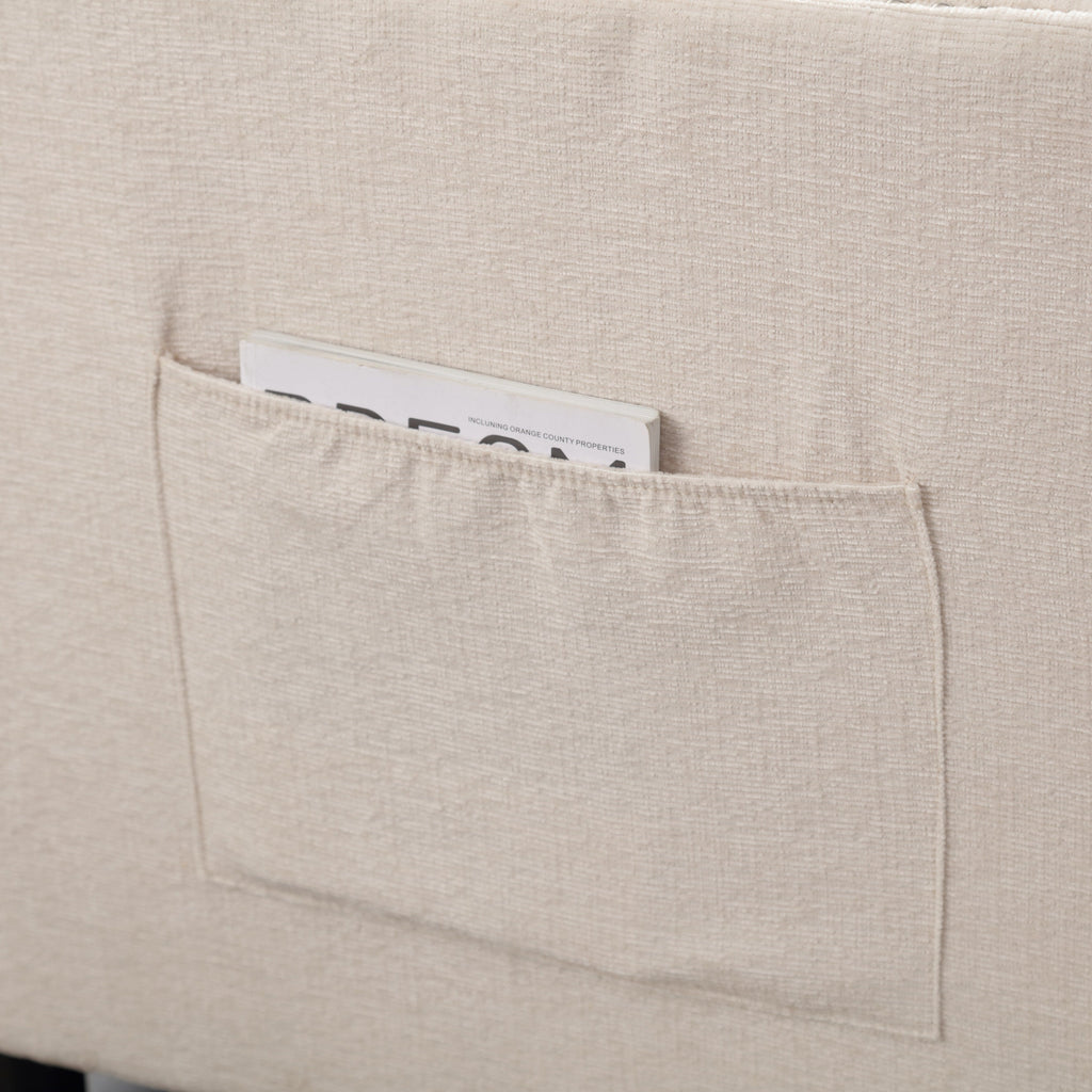 Canapé causeuse en chenille beige avec poche et clous décoratifs