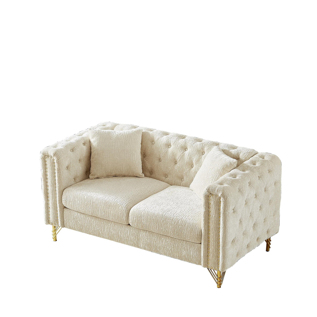 Canapé causeuse capitonné en chenille beige avec pieds en métal