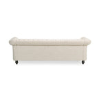 Canapé 3 places Chesterfield beige 84,75, capitonné, avec clous et pieds en bois