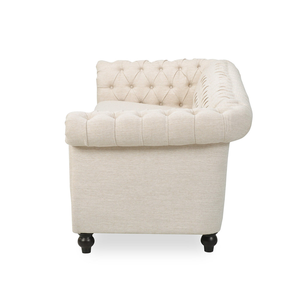 Canapé 3 places Chesterfield beige capitonné avec boutons et clous