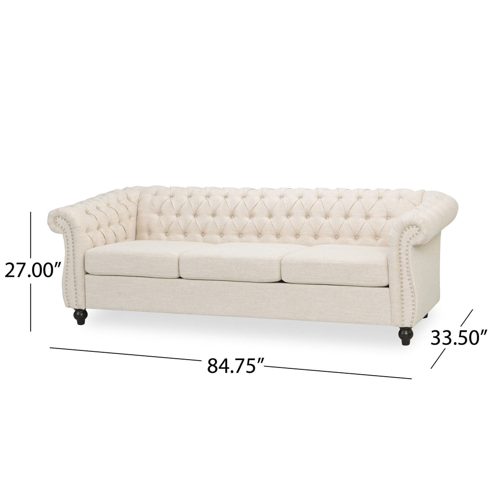 Canapé 3 places Chesterfield beige capitonné avec boutons et clous
