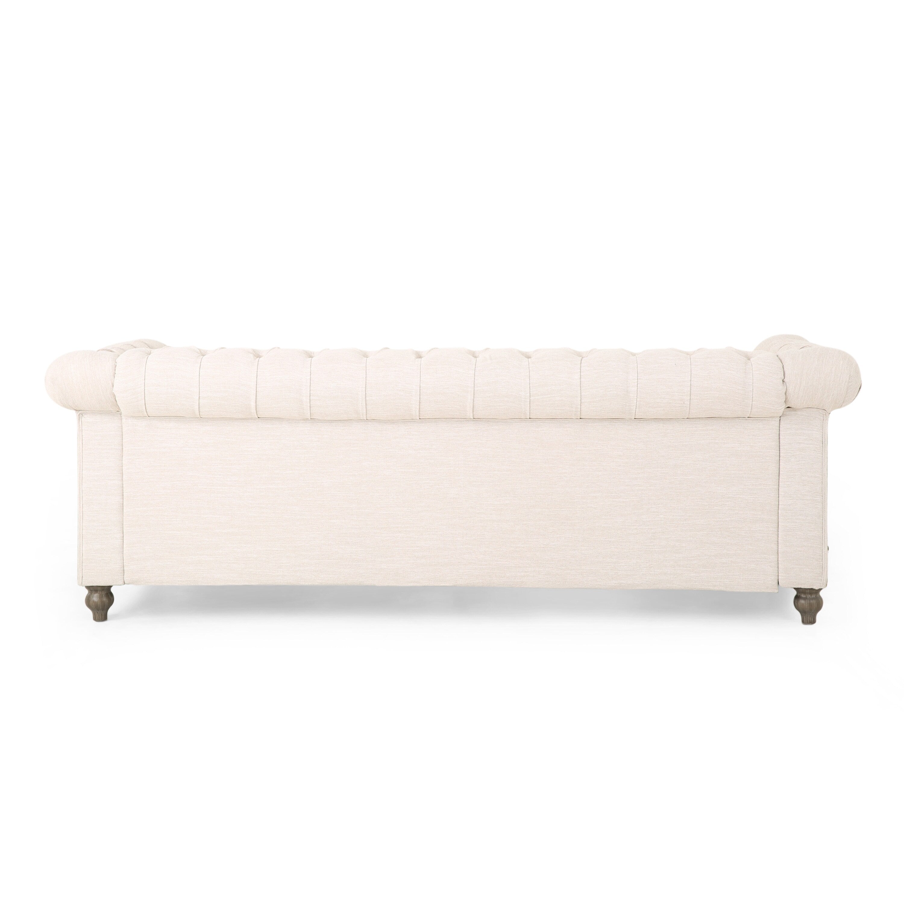 Canapé 3 places Chesterfield beige capitonné avec pieds en bois