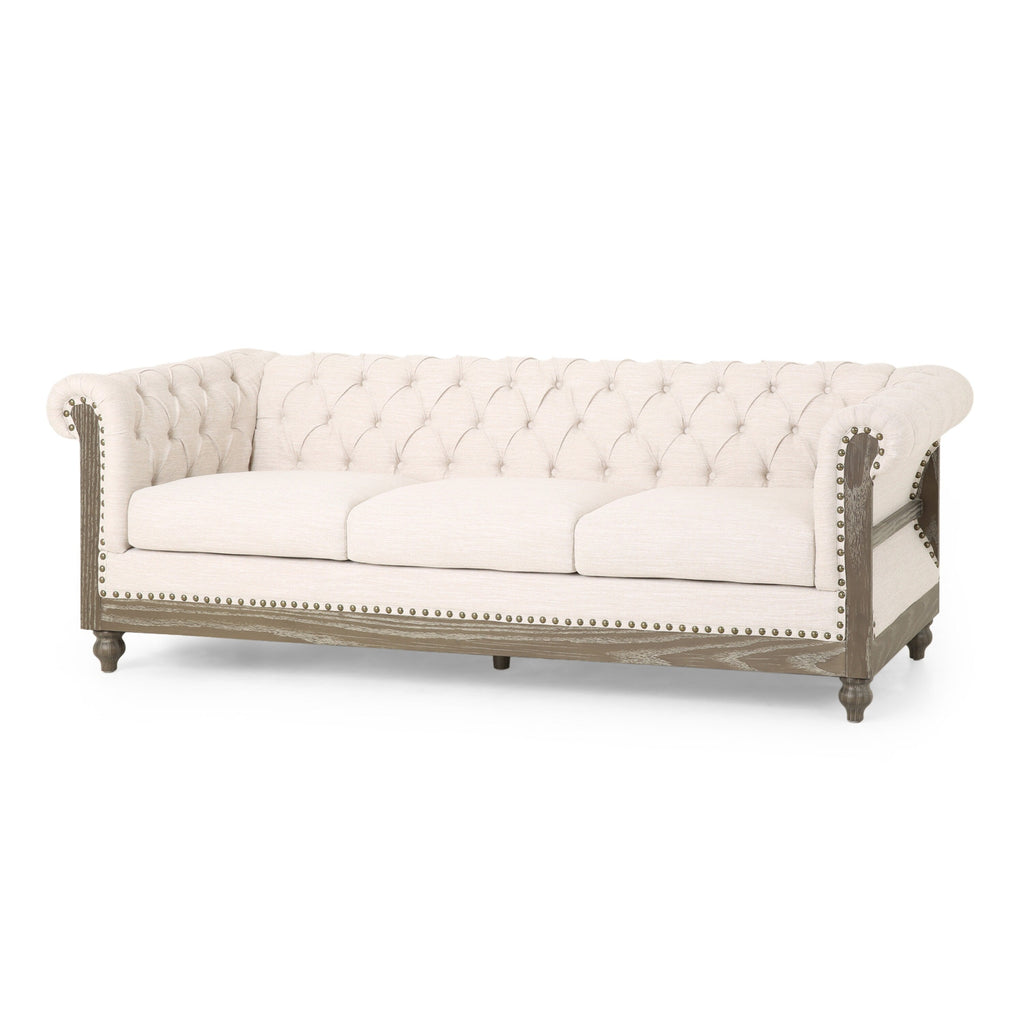 Canapé 3 places Chesterfield beige capitonné avec pieds en bois