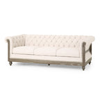 Canapé 3 places Chesterfield beige capitonné avec pieds en bois