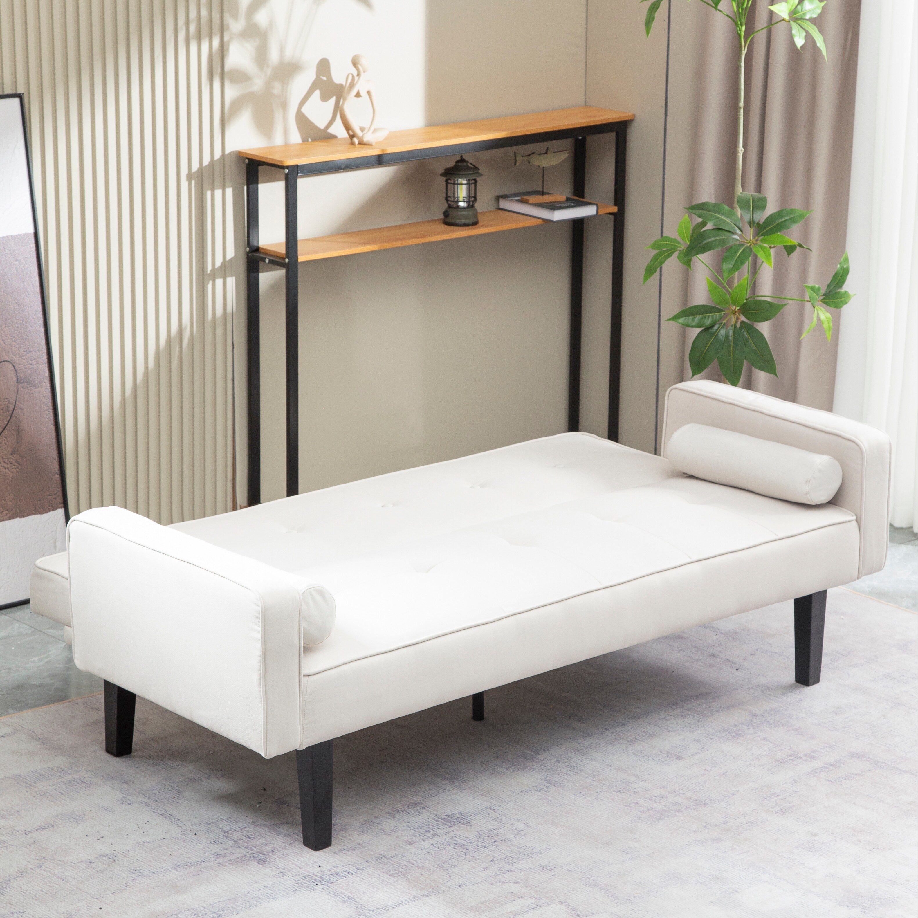 Canapé-lit futon 3 places convertible beige avec pieds en bois