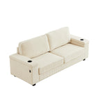 Canapé 3 places en velours côtelé beige avec ports USB et porte-gobelets