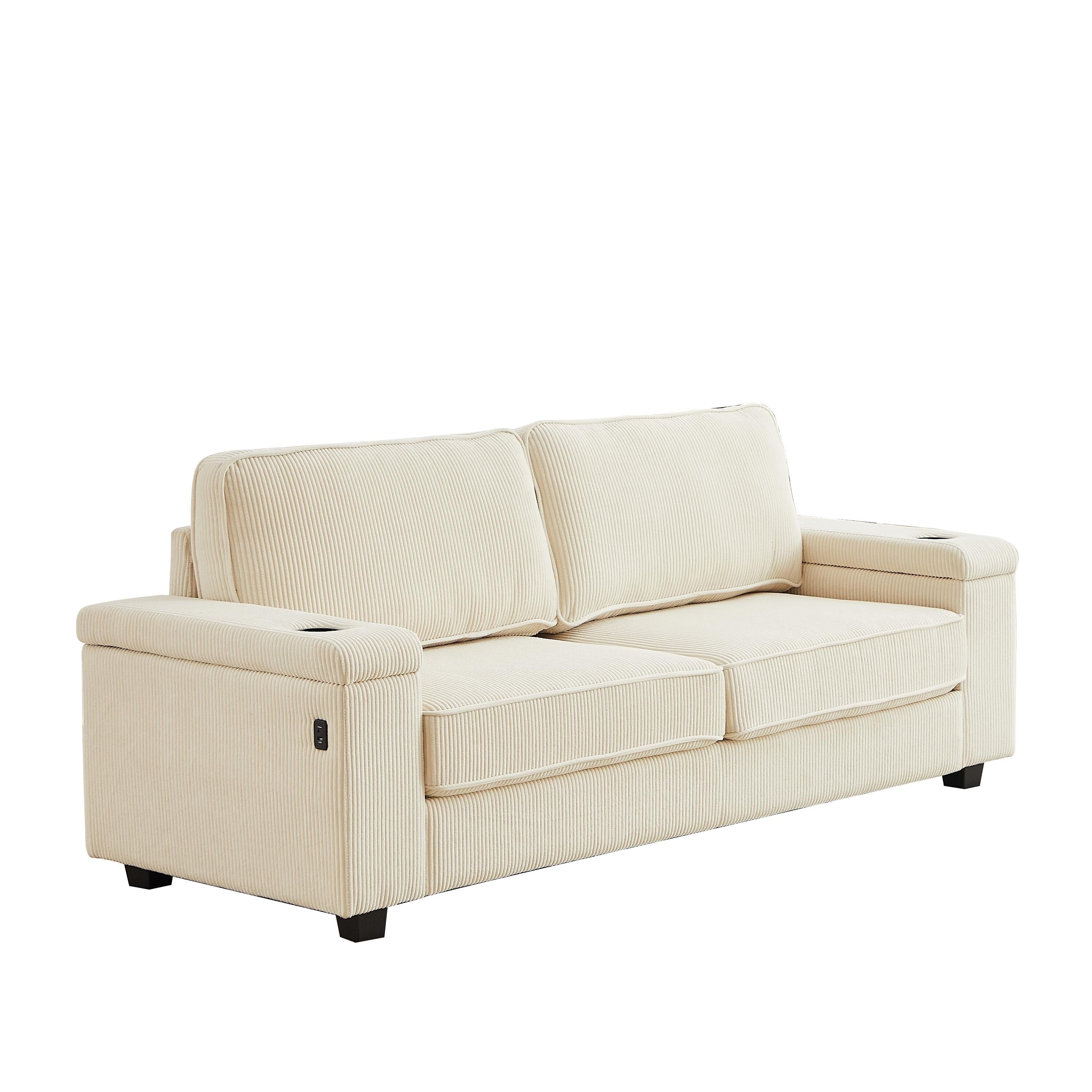 Canapé 3 places en velours côtelé beige avec ports USB et porte-gobelets