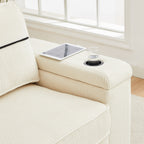 Canapé 3 places en velours côtelé beige avec ports USB et porte-gobelets