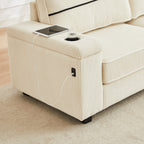 Canapé 3 places en velours côtelé beige avec ports USB et porte-gobelets