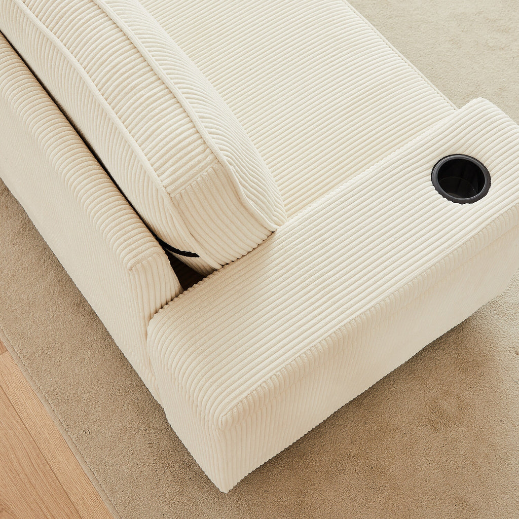 Canapé 3 places en velours côtelé beige avec ports USB et porte-gobelets