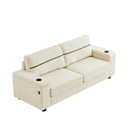 Canapé 3 places en velours côtelé beige avec ports USB et porte-gobelets