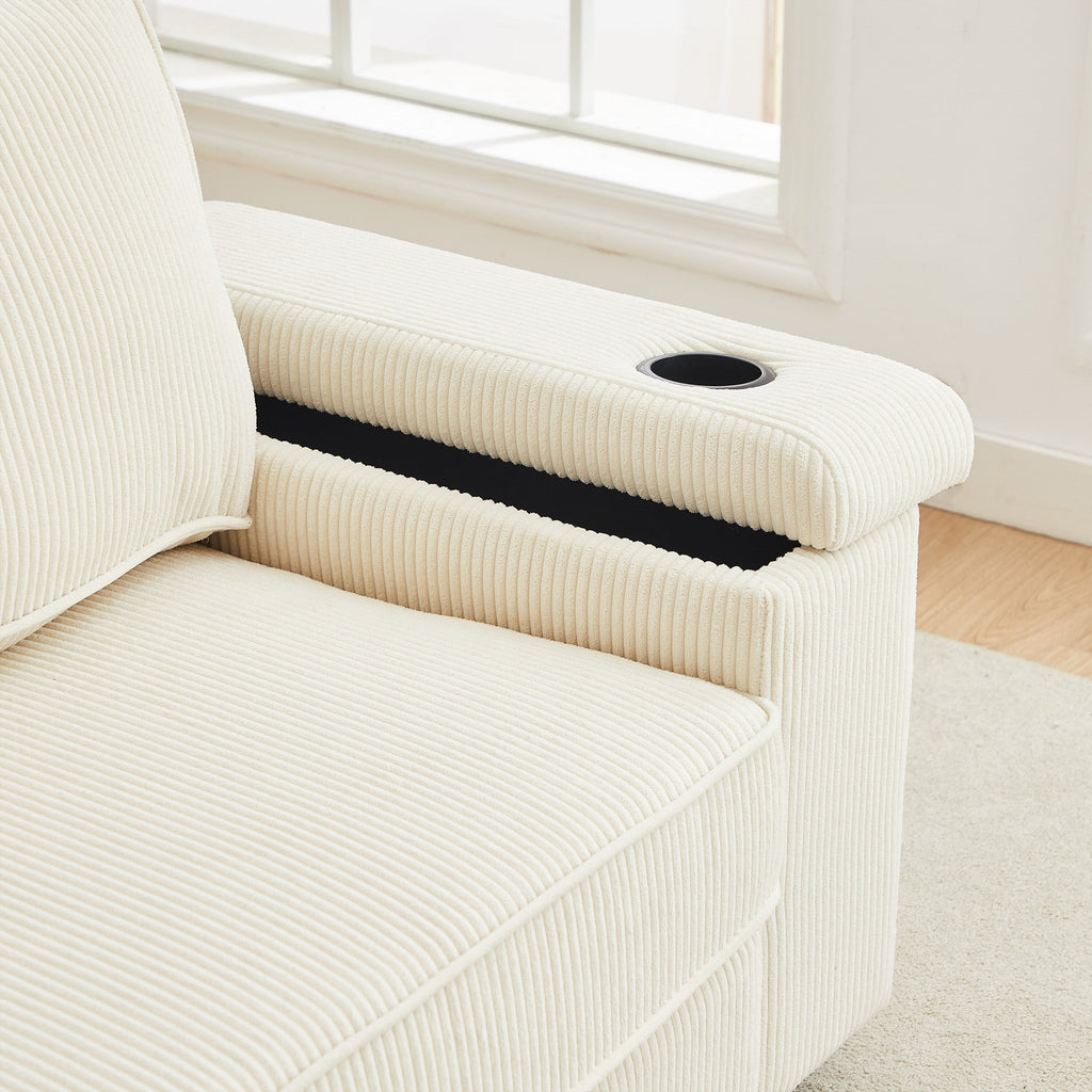 Canapé 3 places en velours côtelé beige avec ports USB et porte-gobelets