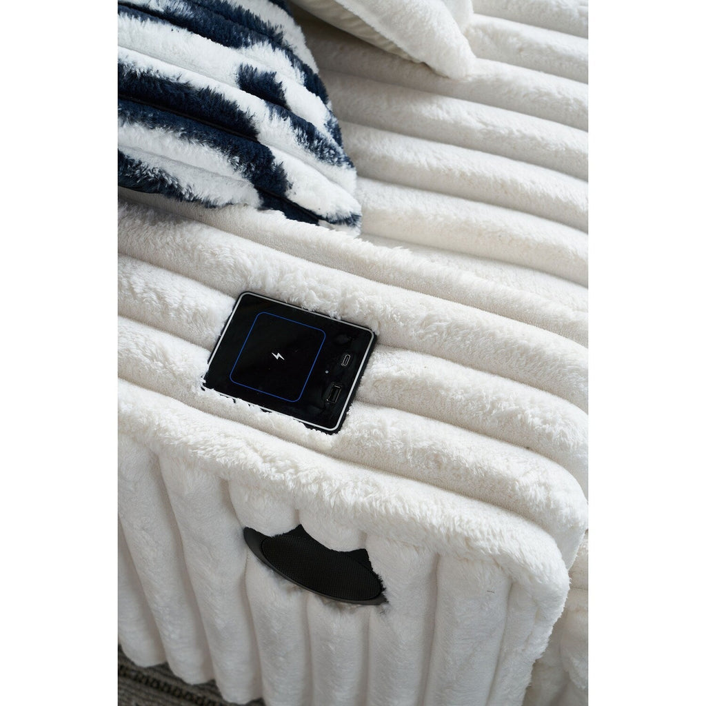 Canapé causeuse en velours côtelé beige avec pouf et haut-parleur Bluetooth