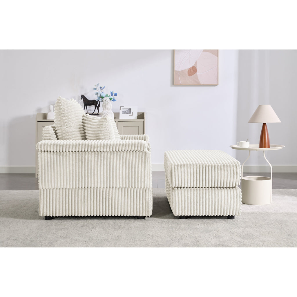 Canapé simple en velours côtelé beige avec pouf et accoudoir de rangement