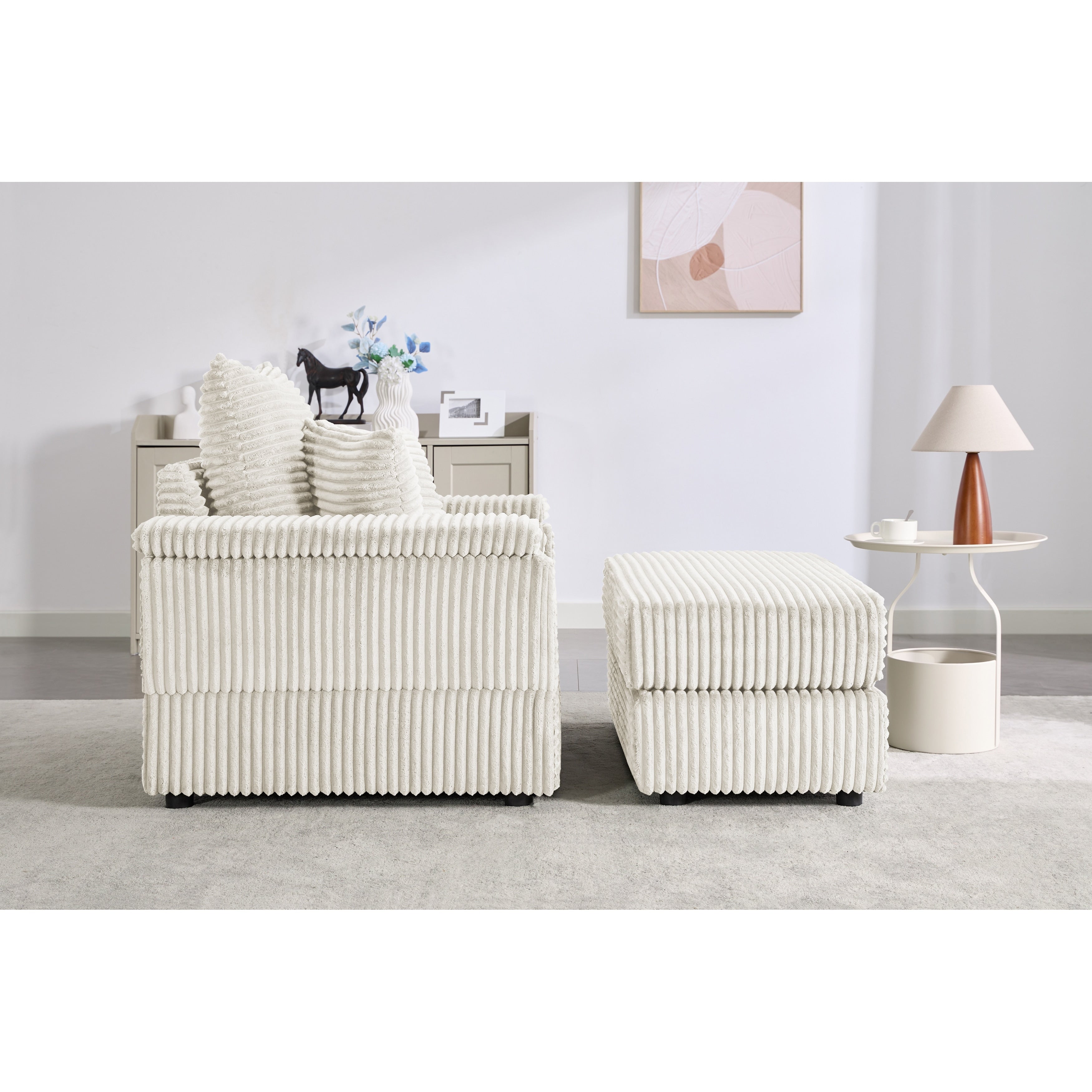 Canapé simple en velours côtelé beige avec pouf et accoudoir de rangement