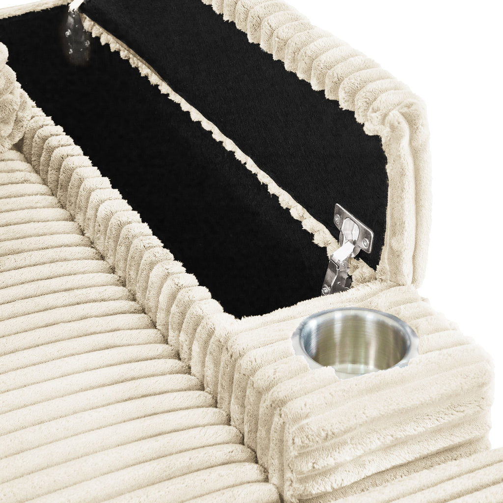 Canapé simple en velours côtelé beige avec pouf et accoudoir de rangement