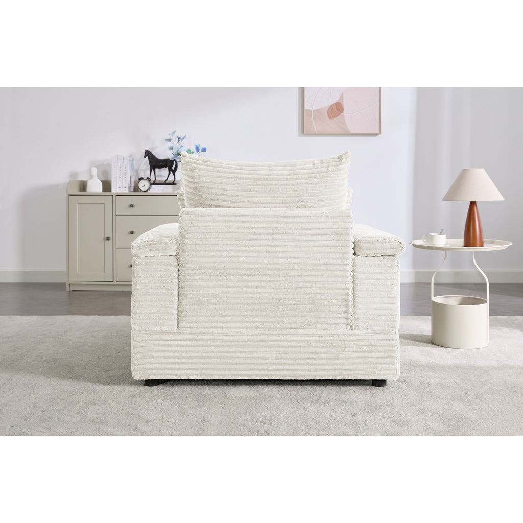 Canapé simple en velours côtelé beige avec pouf et accoudoir de rangement
