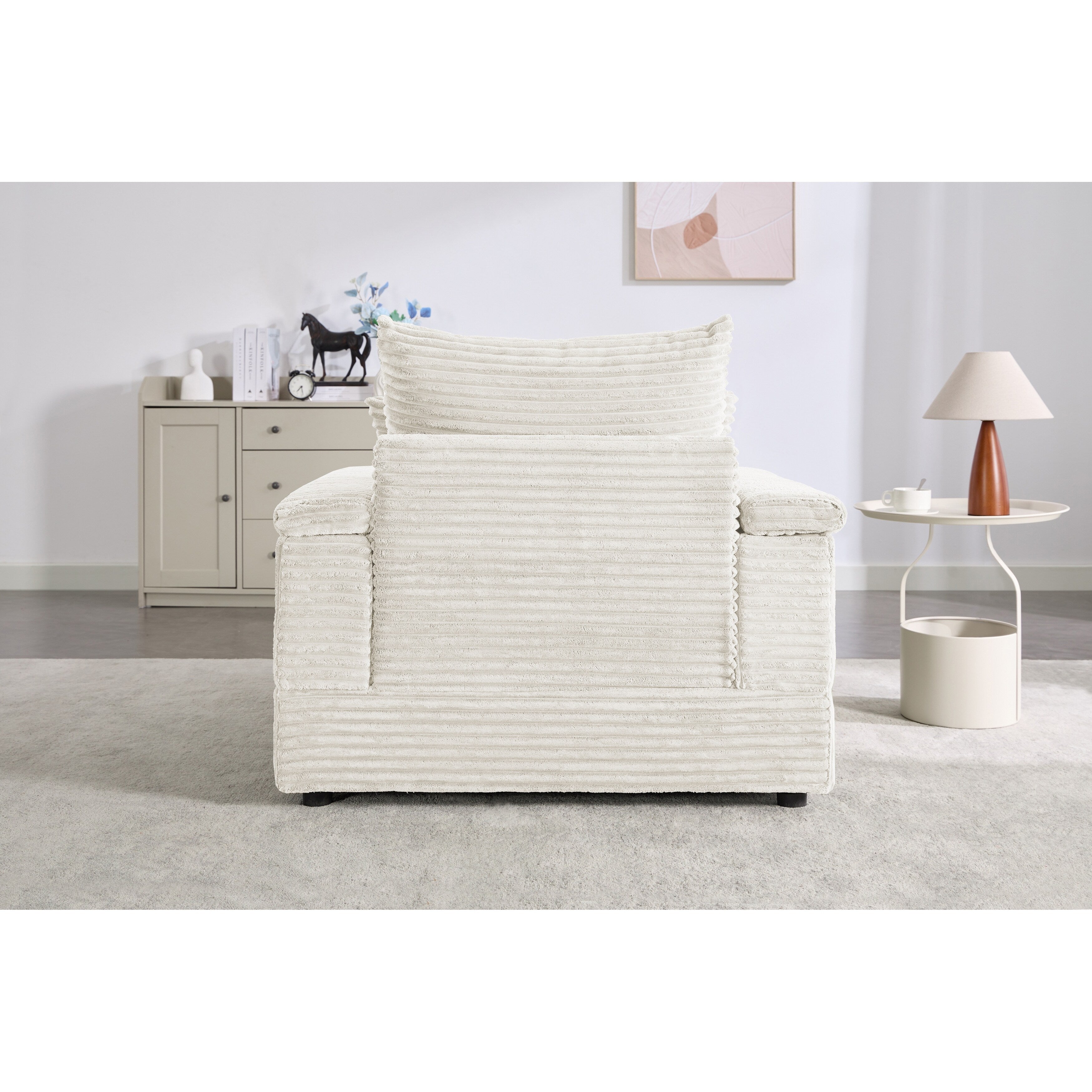 Canapé simple en velours côtelé beige avec pouf et accoudoir de rangement